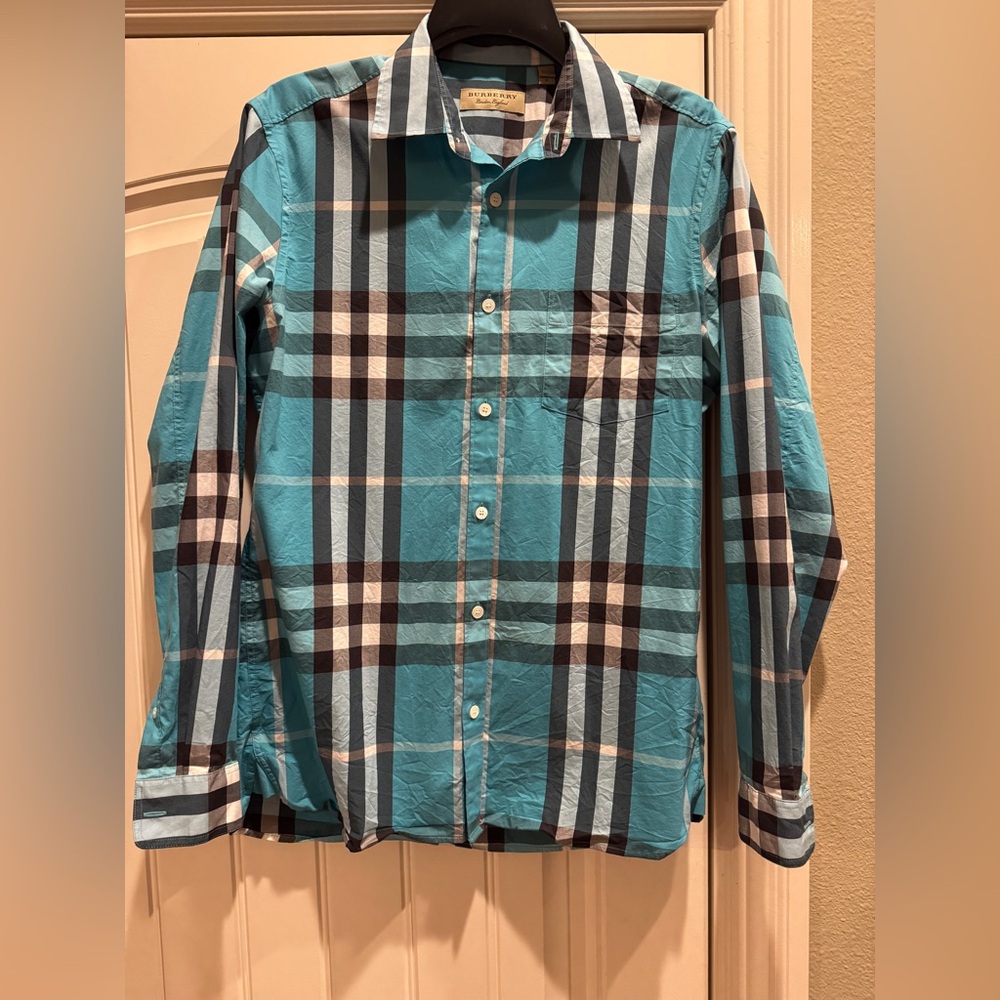 Burberry Teal and Black Plaid Men's Shirt